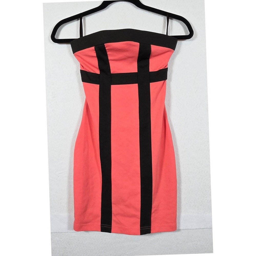 Charlotte Russe XS Coral Pink Black Colorblock Strapless Y2K Bodycon Mini Dress